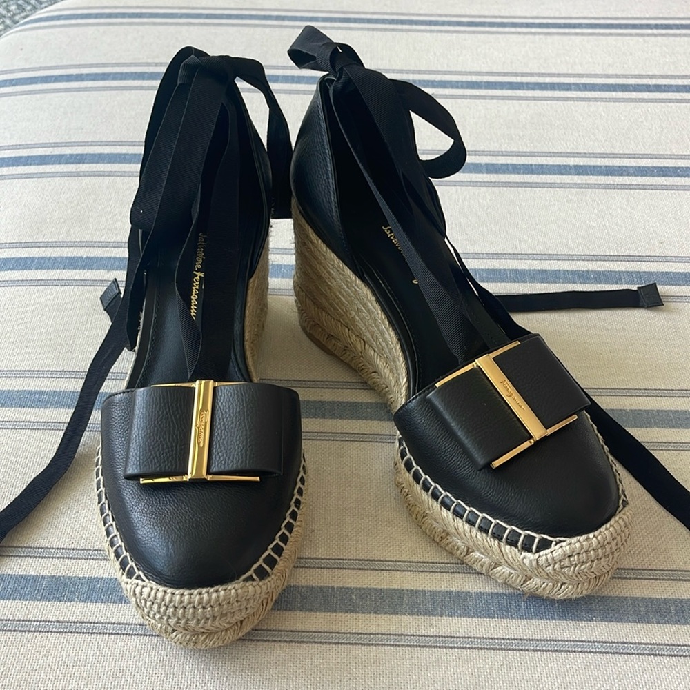 Black Salvatore Ferragamo Double Vara Bow Leather Wedge Espadrille